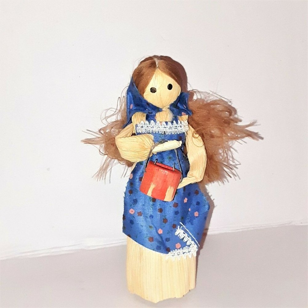 Vintage Corn Husk Doll with Pail Peasant Village Doll 5"  Ornament collectible